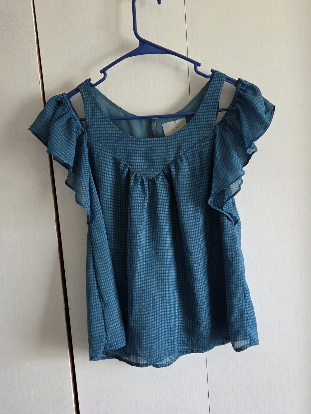 Maeve Teal Cold-Shoulder Ruffle Blouse